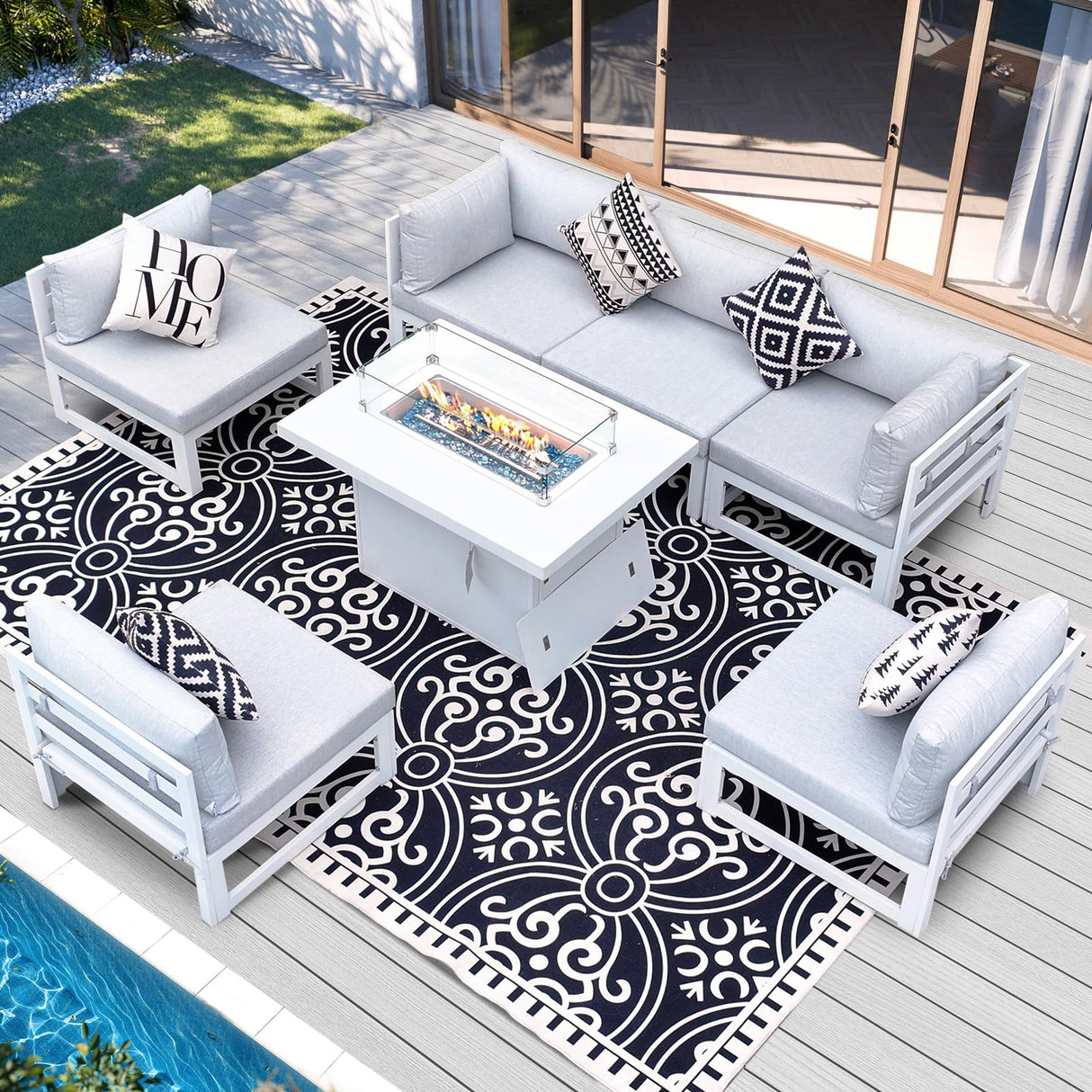 RADIATA 6 Person Large Modern Aluminum Outdoor Patio Furniture Set with Fireplace, 29" Wide Deep Seating, U Shaped Combo Sectional Couch, Water Resistant Conversation Set for Backyard Terrace, White RADIATA