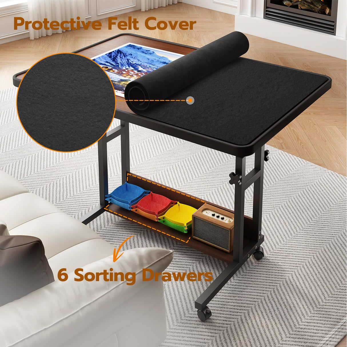 UPVERCY 1500 Piece Adjustable Puzzle Table with Legs and 6 Trays & Protective Cover, 34.8" x 26.7" Rolling Puzzle Board with Storage Shelf & Wheels - Jigsaw Puzzle Table, Wood Grain Finish - Walnut upvercy