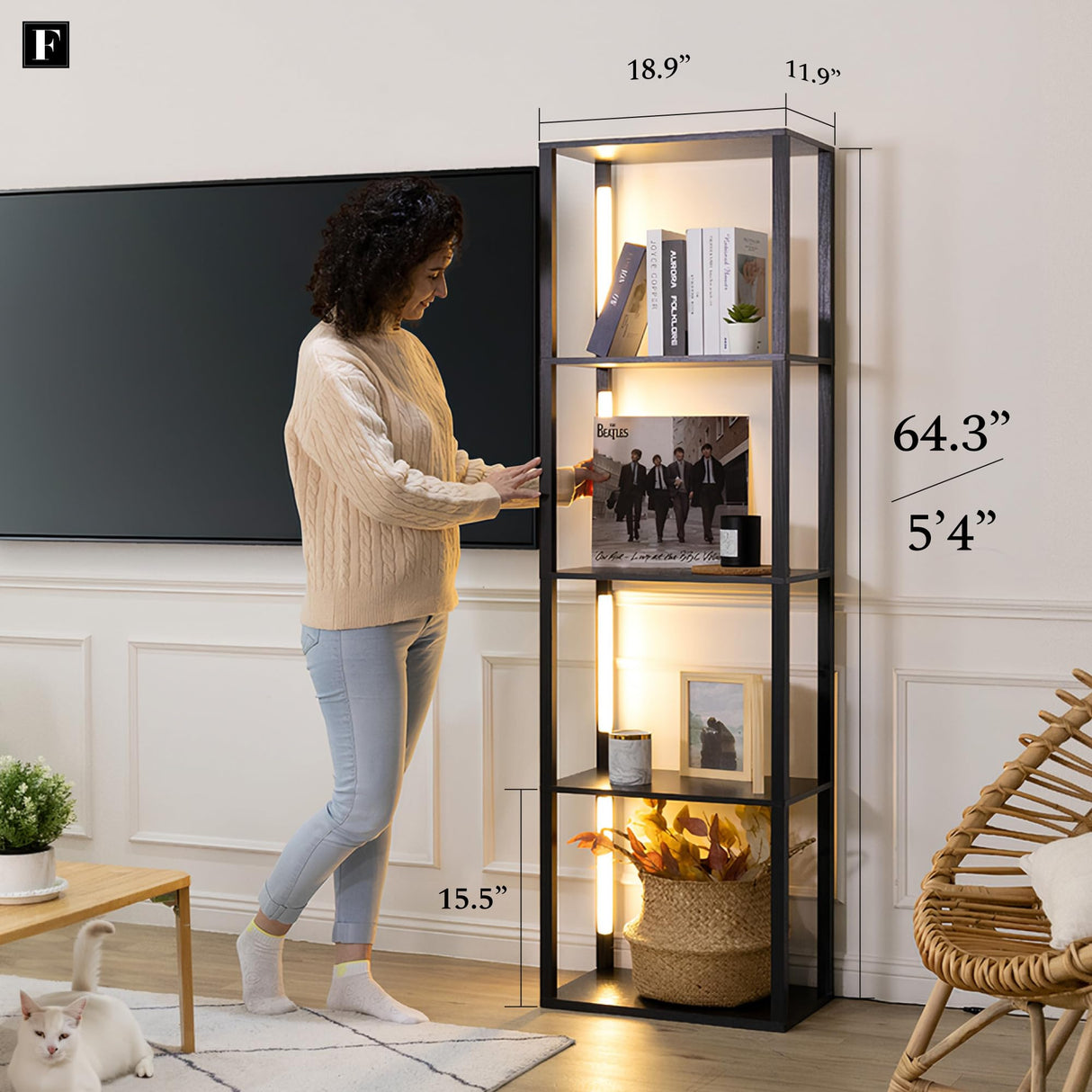 FENLO Fancy - LED Display Shelf with Dimmable Lights, LED Shelf Floor Lamps for Living Room, Sturdy Corner Shelf Curio Cabinet Display, Tall Floor Lamps with Shelves FENLO