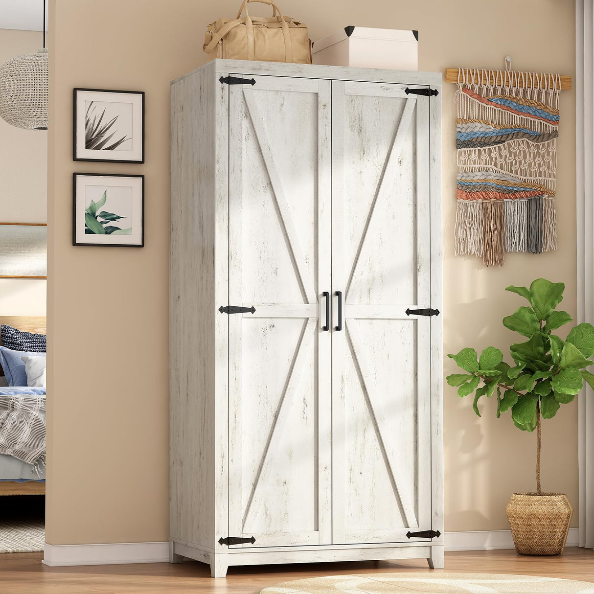 LUXOAK 70" Large Armoire Wardrobe Closet with Hanging Rod, Wooden Closets for Bedroom with Shelf, Farmhouse Clothing Storage Cabinet with 2 Barn Doors, Distressed White LUXOAK