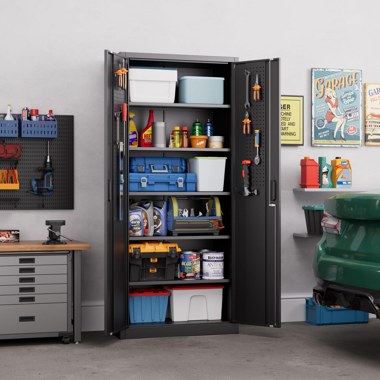 Aobabo 71" H×32" W×16" D Metal Storage Cabinet with 5 Adjustable Shelves, Locking Garage Storage Cabinet with Pegboards and 4 Hooks for Garage, Office, Black, Assembly Required Aobabo