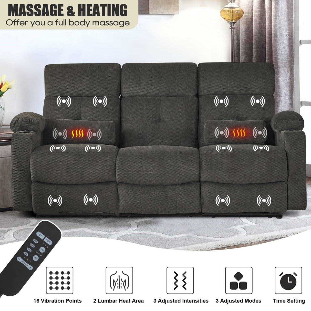 Consofa Power Reclining Sofa Set, 2 Pieces Reclining Living Room Set, Power Reclining Sofa and Loveseat Set, Recliner Sofa Set with Massage/Storage/Cup Houlder/USB Port for Living Room Consofa