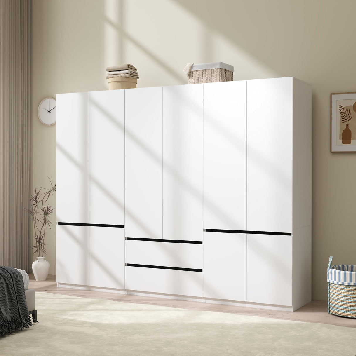 LABROSKIA Wardrobe Closet with 6 Doors: 75" White Armoire with 2 Drawers, Wooden Wardrobe for Hanging Clothes, Tall Storage Cabinet with Shelves and Hanging Rod LABROSKIA