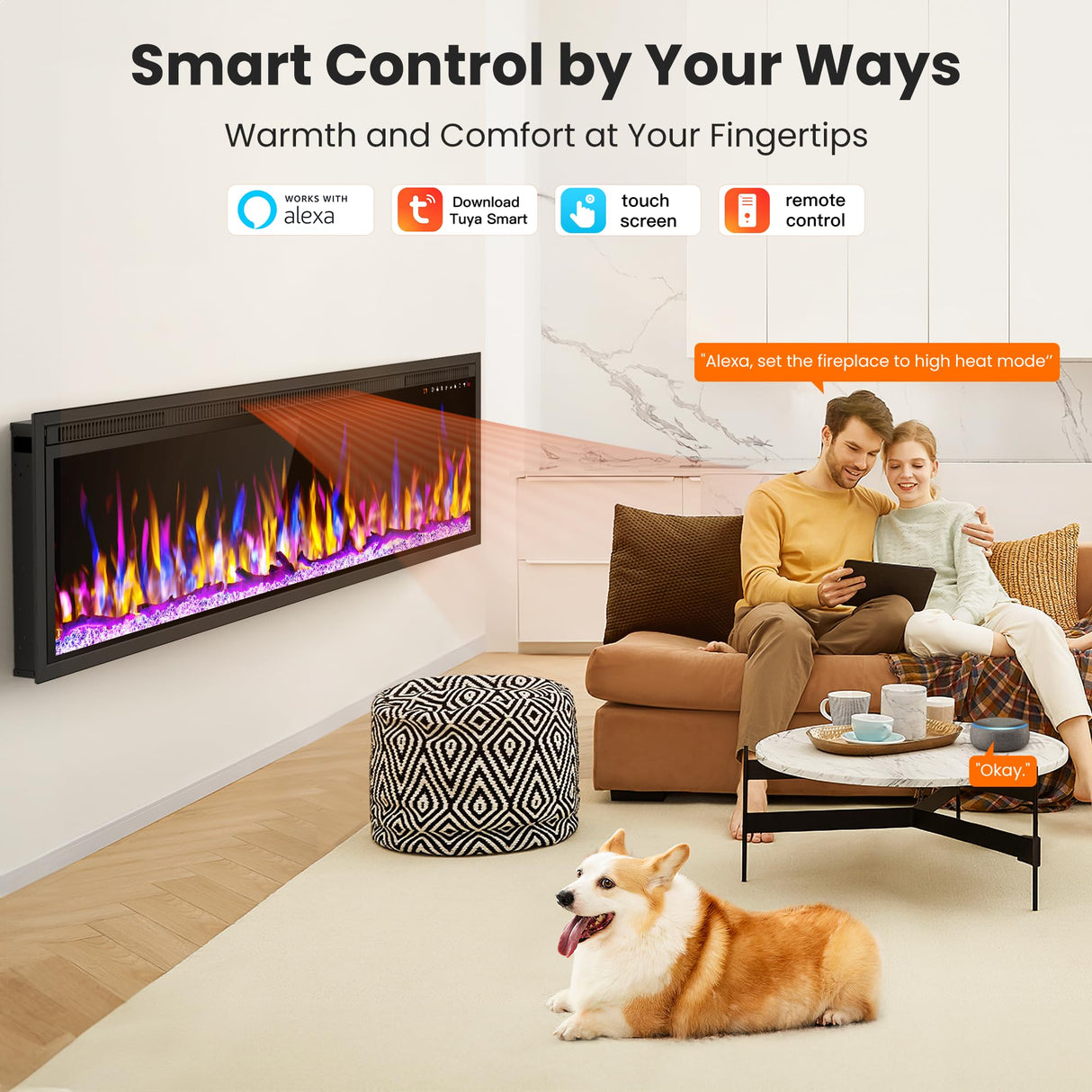 Smart 60" WiFi-Enabled Electric Fireplace Heater, Recessed in-Wall and Wall-Mounted Linear Fireplace,Compatible with Alexa,13 Adjustable Flame Color and 5 Brightness,1500/750 Watt Heater,Black Alpaca