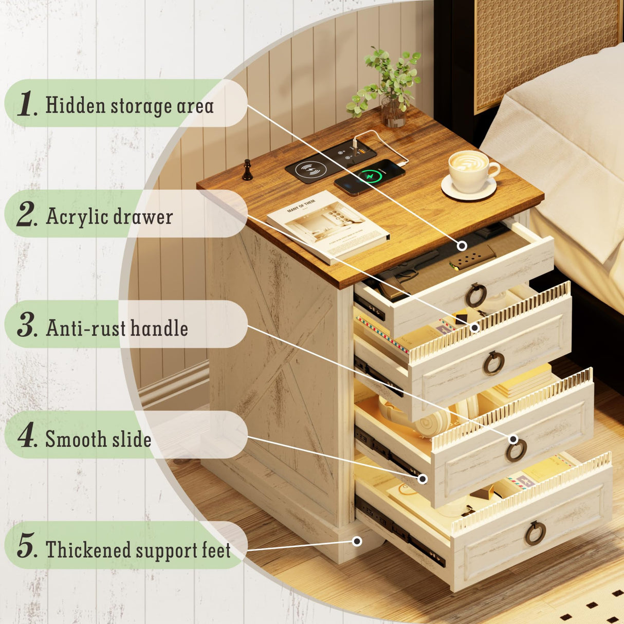 TAGELIER Night Stand Set 2 with Gun Drawer, Farmhouse Bedside Table with Charging Station, Gun Nightstand with LED Light & Human Sensor, Smart End Table for Bedroom, Antique White TAGELIER