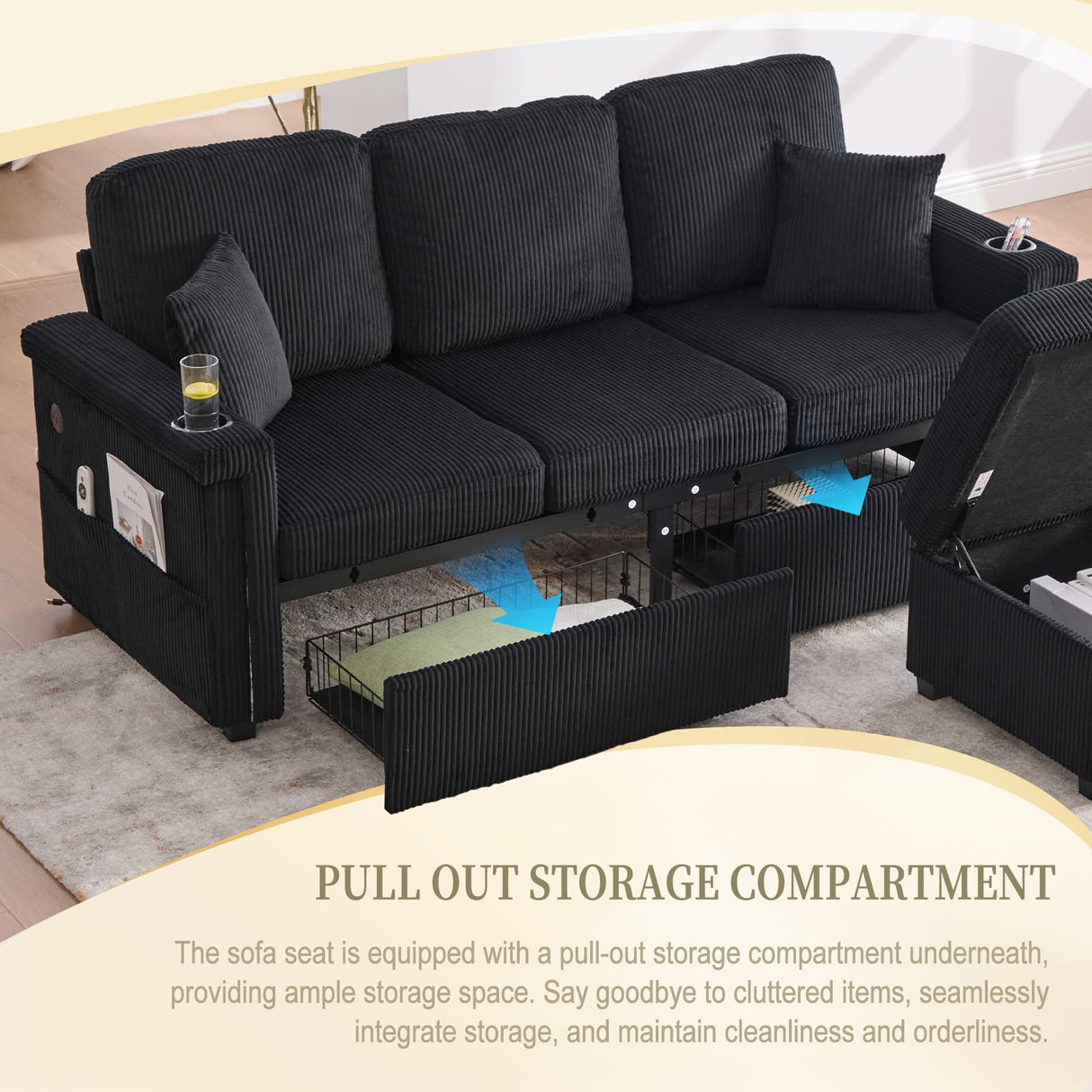 76'' L Shaped Sectional Couches with Storage Ottoman, 3 Seater Corduroy Sofa with 2 Drawers, USB Charger, Cup Holder, Changeable Light and Side Bag for Living Room, Apartment, Small Space, Black Repantes