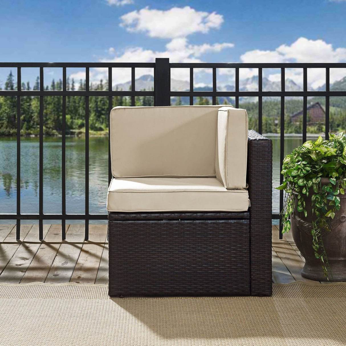 Crosley Furniture Palm Harbor Corner Outdoor Sectional Chair, Wicker Patio Chairs for Porch, Deck, Backyard, Brown with Sand Cushions Crosley Furniture