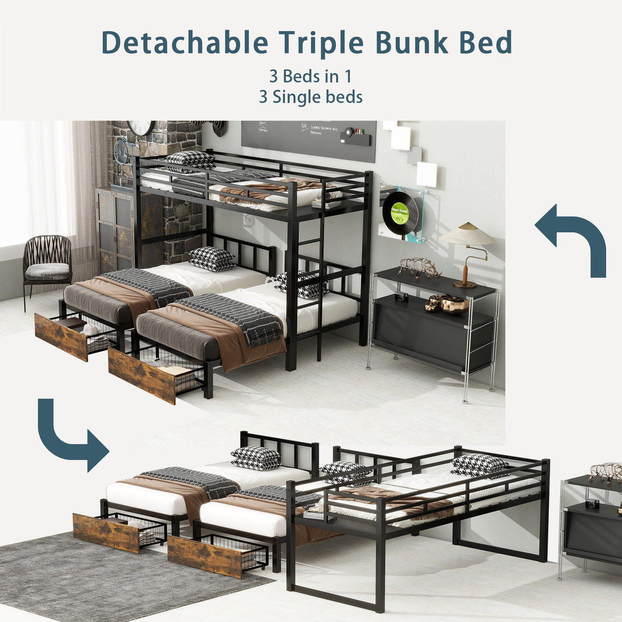 FULLJOJOR Triple Bunk Bed for Kids,Detachable TwinXL Over Twin Over Twin Metal Bunk Bed with Guardrails,Ladder & Storage,Converts to 3 Separate Beds,Easy to Assemble(3 Bunk Beds for Kids) FULLJOJOR