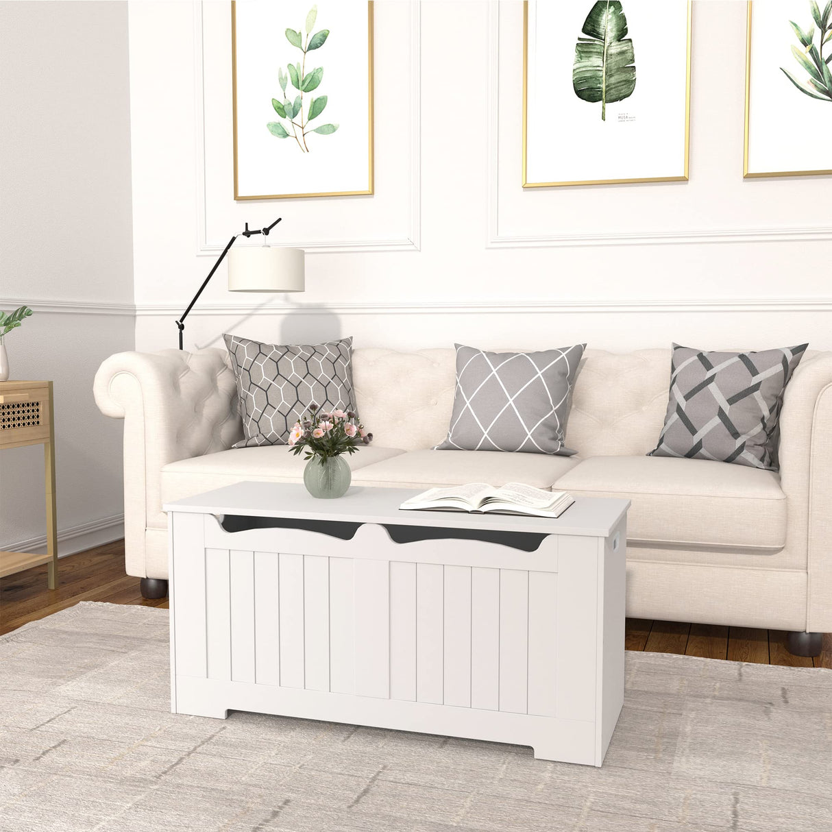 Hzuaneri Storage Chest, Storage Trunk with 2 Safety Hinge, 39.4" Lift-Top Storage Bench, Wooden Storage Organizer, Shoe Bench for Entryway, Bedroom, Living Room, White 01003XSB Hzuaneri