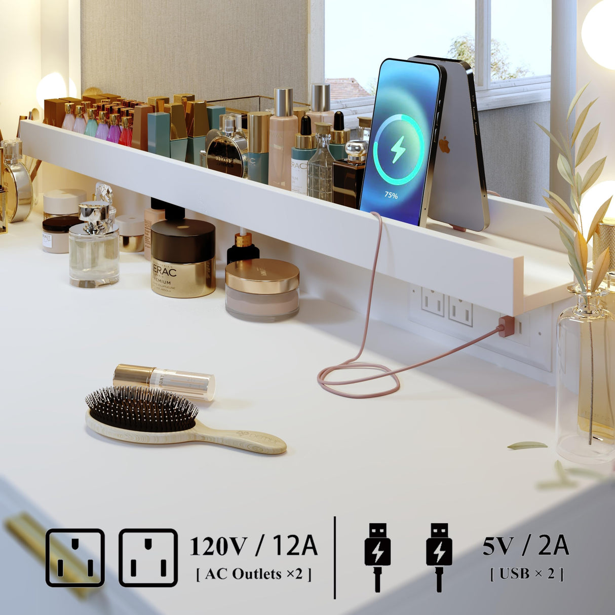 ALEXNUTRE Makeup Vanity Desk with Large Mirror and 13 LED Lights, Vanity Table with Power Outlet & 5 Drawers, 3 Lighting Color Adjustable, Vanity Desk for Bedroom and Dressing Room, White ALEXNUTRE