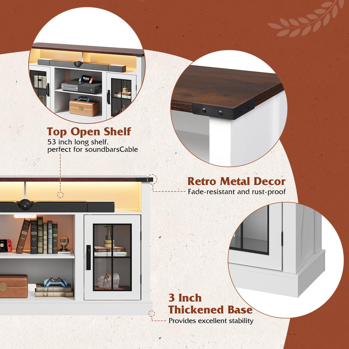 WLIVE Farmhouse TV Stand for 65 Inch TV, Tall Entertainment Center with LED Lights, Mid Century Modern TV Console wirh Open Shelves and Glass Cabinet Doors for Living Room and Bedroom, White WLIVE