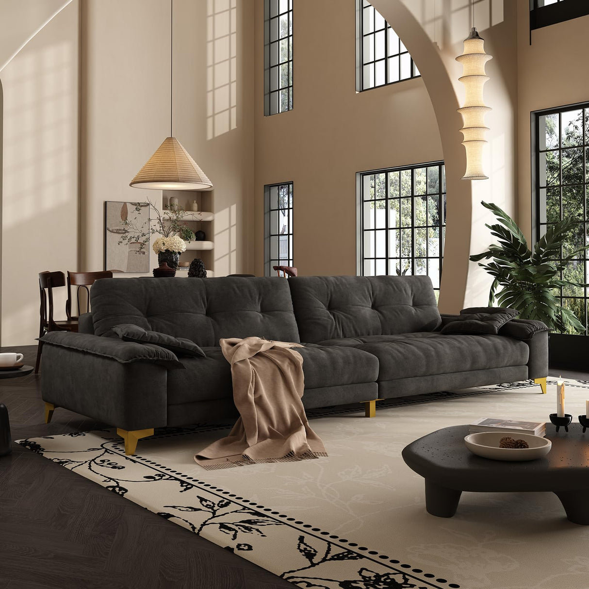 104.7" sectional Couch, mid-Century Modern 4-Seater Comfy Cloud Couch for Living Room Office, Button Tufted upholstered Metal Legs Sofa Sturdy loveseat (Dark Gery, 104.7Inch) Generic