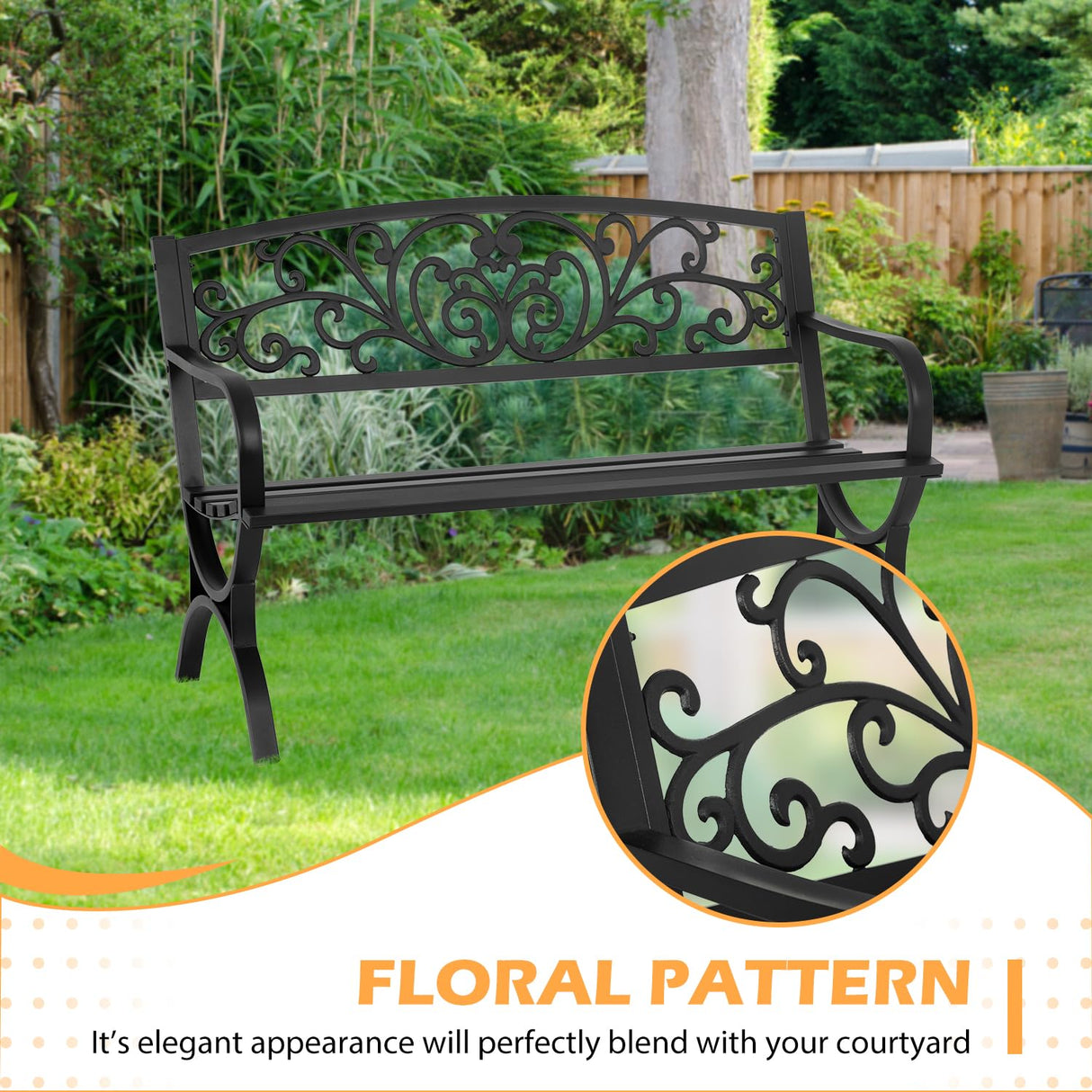 PayLessHere Black Outdoor Metal Loveseat Chairs Patio Garden Bench 50-inch Slatted Seat Armrests Floral Design Plastics Backres Perfect for Park, Yard, Porch, Lawn, Balcony, Backyard PayLessHere