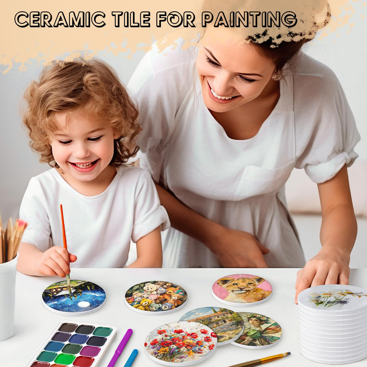 Ceramic Tiles for Crafts, GOH DODD 24 Pack Glossy Glazed Blanks White Coasters with Unglazed Side and 24 Cork Backing Pads for Alcohol Ink, Painting, Sublimation, Heat Transfer, Round, 4 Inch GOH DODD