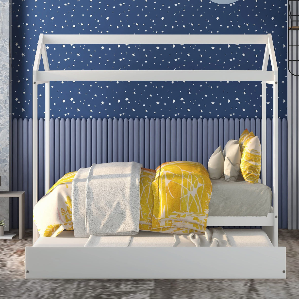 Bellemave White Twin Size House Bed Frame with Trundle for Kids and Toddlers Bellemave