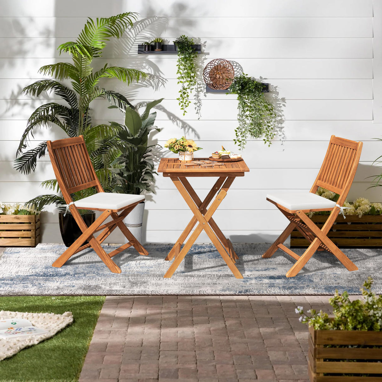Devoko Outdoor 3 Piece Folding Patio Bistro Set Acacia Wood Bistro Table and Chairs Set of 2 for Garden Poolside Backyard Balcony Porch Deck Devoko