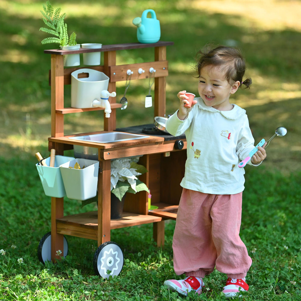OLLIKIVI Mud Kitchen for Kids Outdoor,Wooden Play Kitchen with Removable Sink, Faucet,Storage Shelves, Backyard Garden Toddler Kitchen Playest, Kitchenware, Stove, Gift for Boys and Girls OLLIKIVI