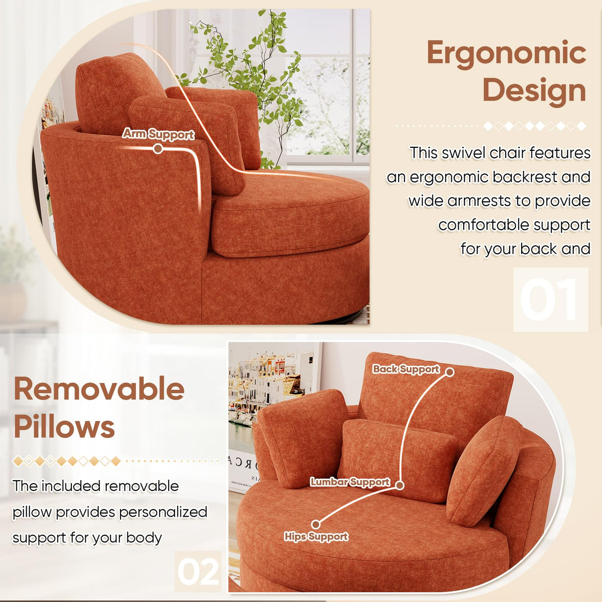 JEEOHEY Oversized Swivel Accent Chair with Half Moon Storage Ottoman, 42" W Chenille Round Swivel Barrel Chair, Modern Upholstered Comfy Single Sofa Armchair for Living Room, Bedroom, Club(Orange) JEEOHEY