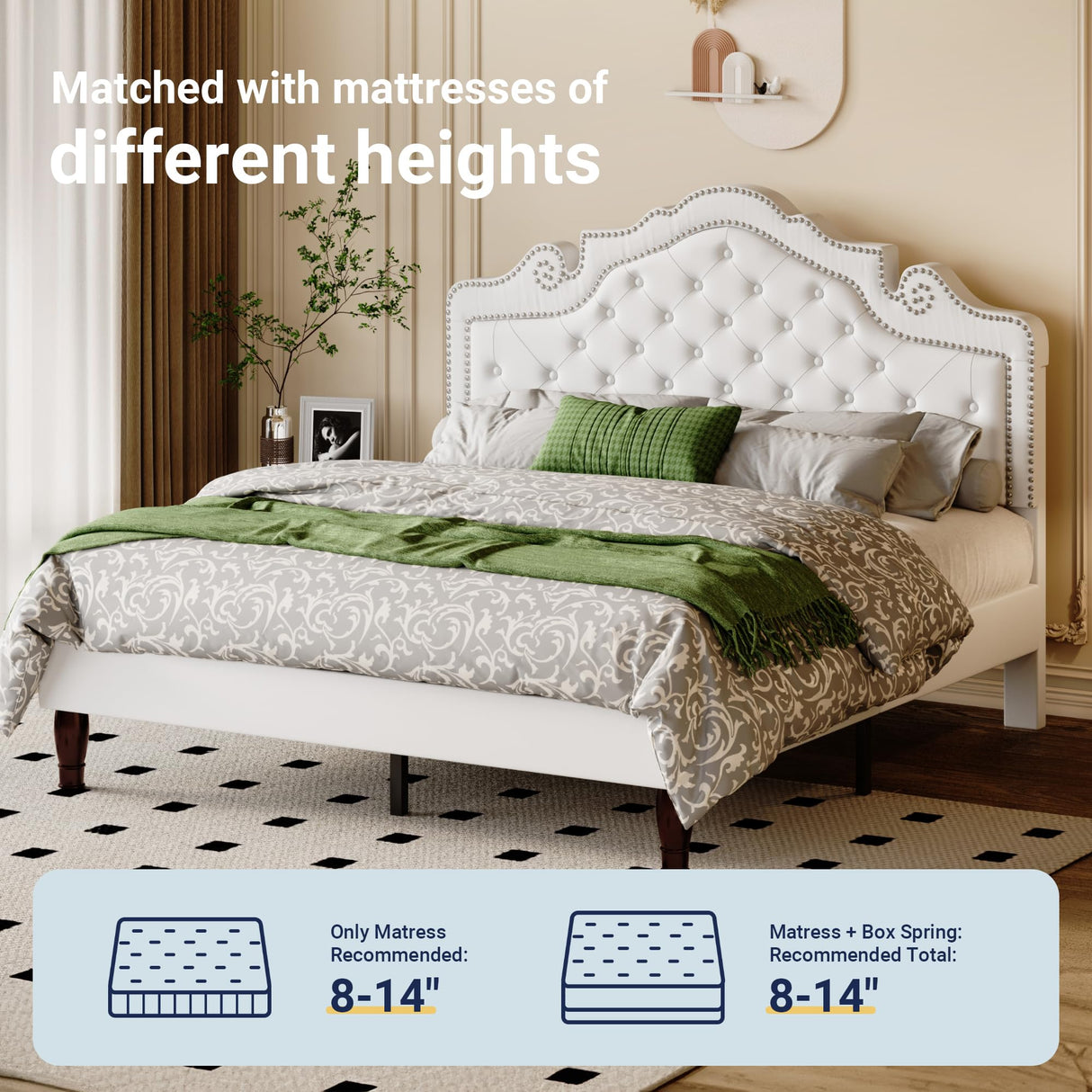 Allewie Queen Bed Frame with Adjustable Velvet Tiara Headboard, Upholstered Diamond Button Tufted Platform Bed, Wood Slats Support, No Box Spring Needed, Mattress Foundation, Easy Assembly, White Allewie