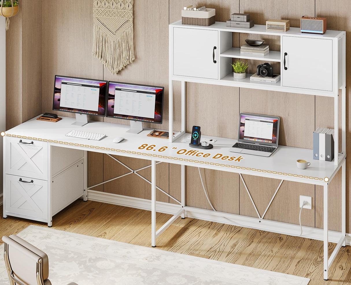 SEDETA White L Shaped Office Desk, Farmhouse Home Office Desk with Fabric File Drawers and Power Outlet, Corner Gaming Desk with LED Lights, Hutch and Storage Shelves SEDETA