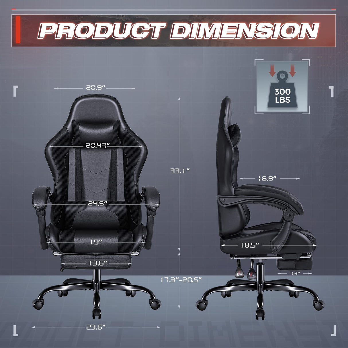 Furmax Gaming Chair, Video Game Chair with Footrest and Massage Lumbar Support, Swivel Seat Height Adjustable Computer Chair with Headrest, Racing E-Sport Gamer Chair (Black) Furmax