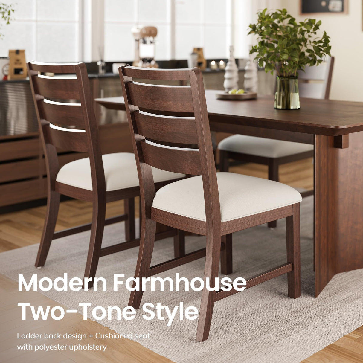 COLAMY Solid Wood Dining Chair Set of 6 with Fabric Upholstered Cushion, Ladder Back Farmhouse Kitchen Chair, Modern Two-Tone Chair for Home and Restaurant, Brown COLAMY