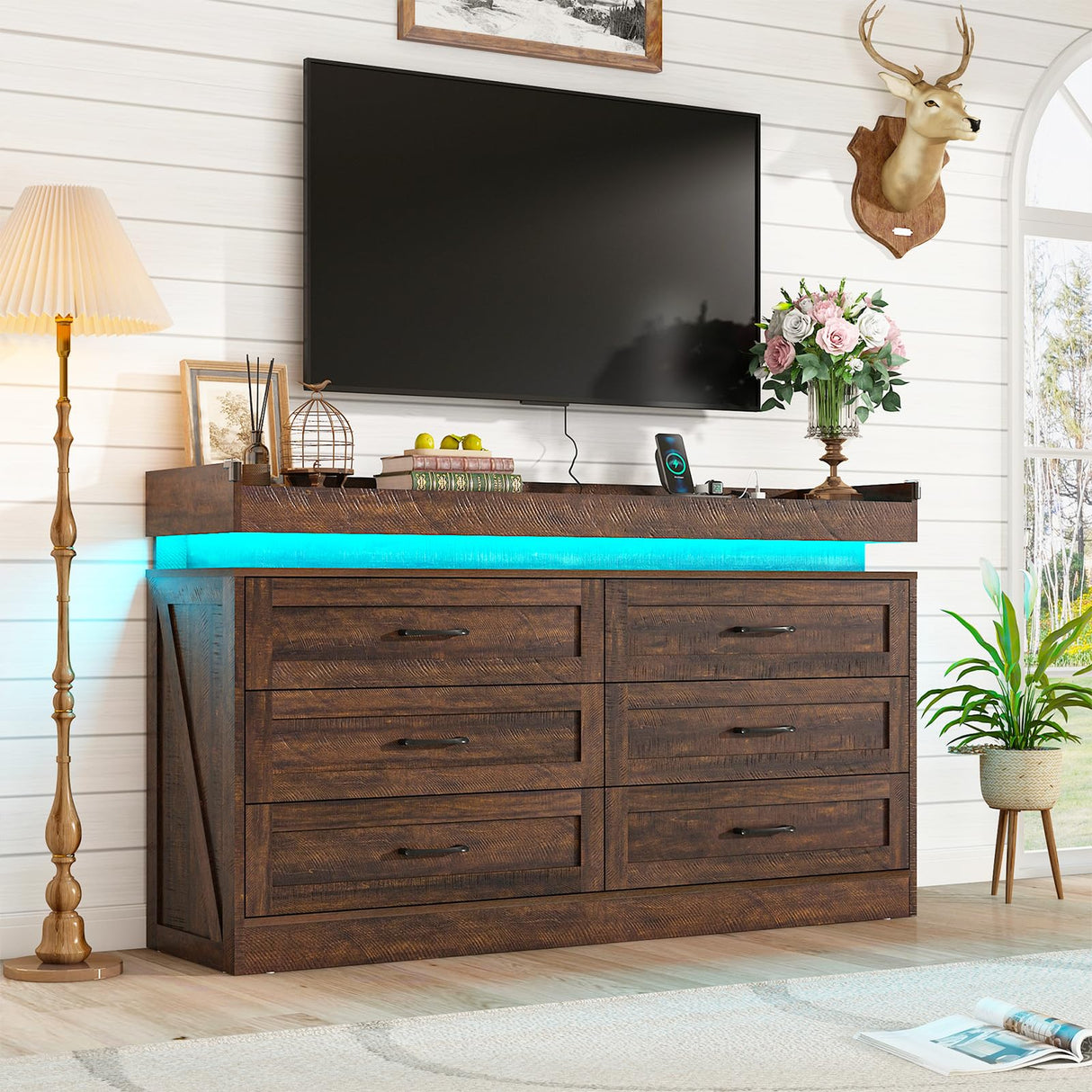 Hlivelood 59" Large Farmhouse 6 Drawers Dresser for Bedroom,Wide Wood Rustic 6 Chests of Drawers for Closet, with LED Light and Power Outlets,Tall Storage Dresser Organizer for Bedroom(Antique Brown) Hlivelood