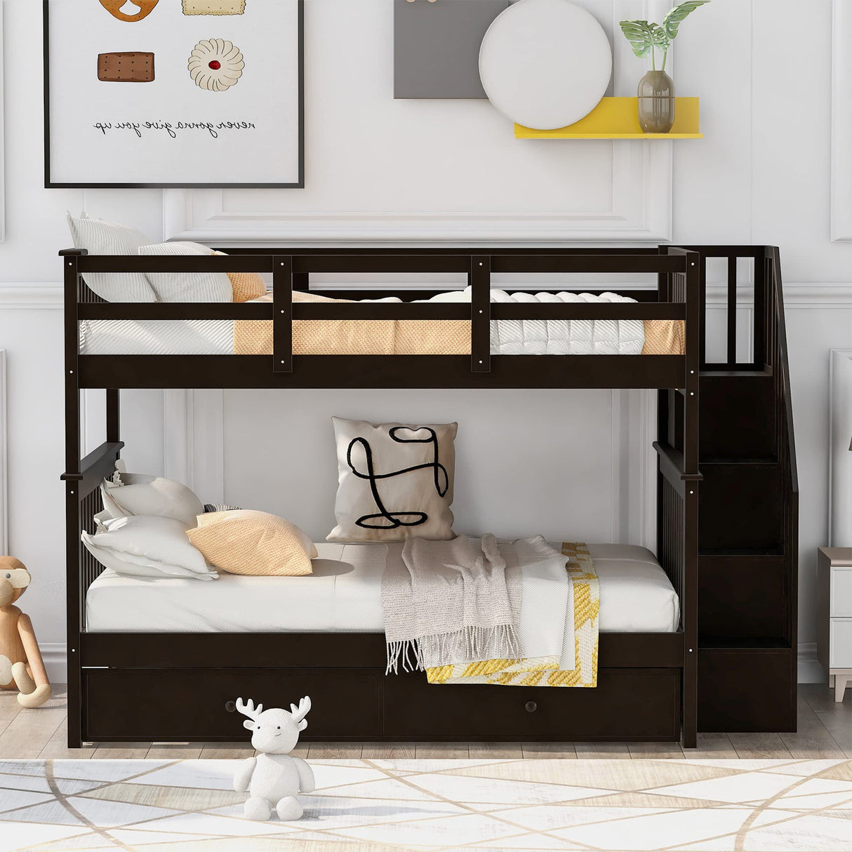 MERITLINE Wooden Bunk Bed Frame, Full Over Full Bunk Bed with Trundle, Bunk Beds with Stairs Full Size, Trundle Bunk Beds, Convertible Bunk Bed for Kids(Espresso) MERITLINE