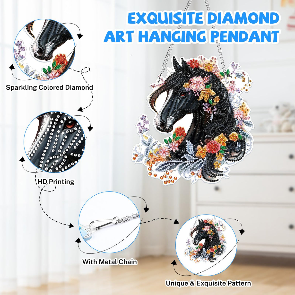 Bowetile Hanging Diamond Art Horse Kits for Adults Beginners, 5D Special Shape Diamond Painting Horse Kits, Animal Diamond Gem Art Suncatchers Painting Pendant Ornament for Home Garden Wall Decor Bowetile