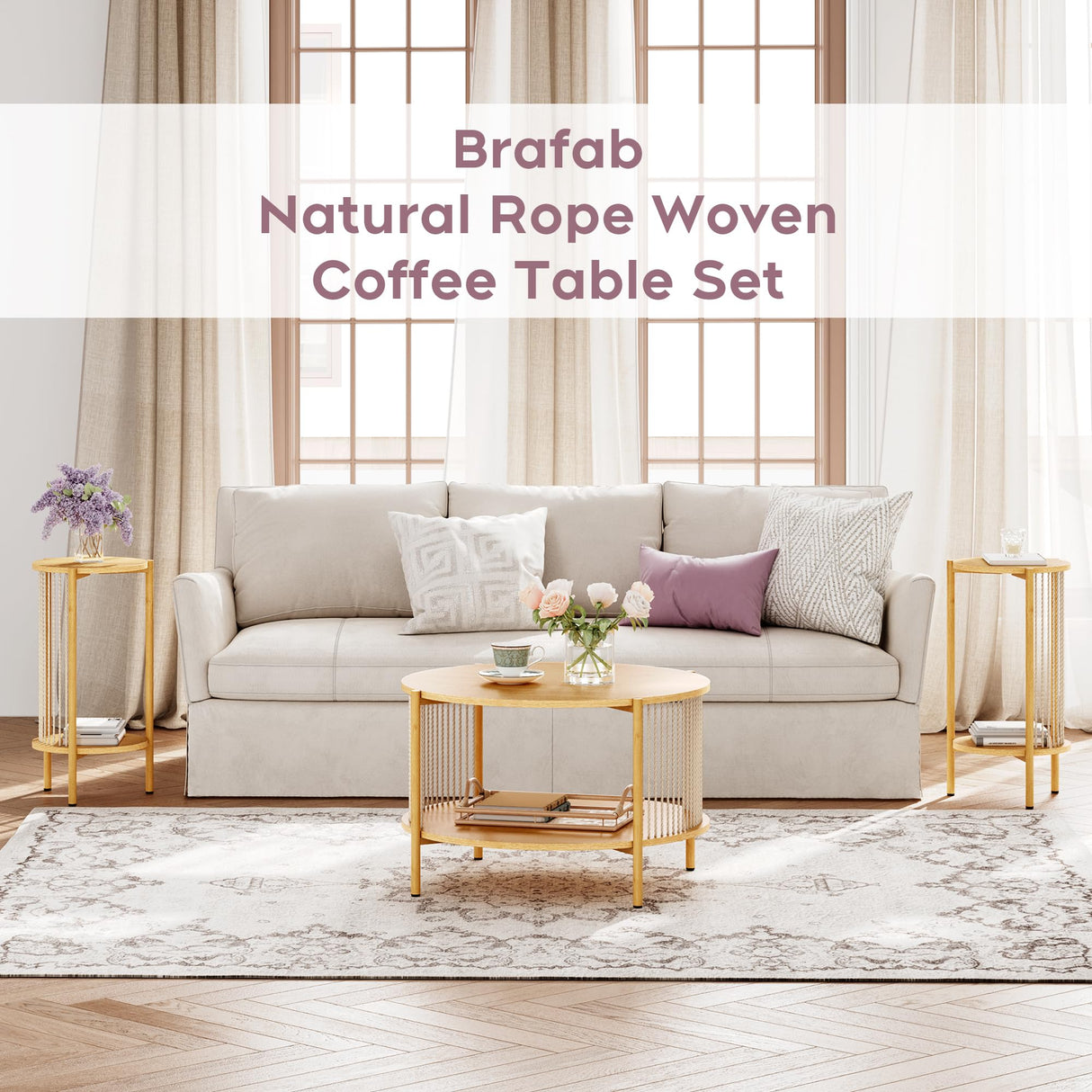 Brafab Natural Fiber Rope Coffee Table Set of 3 for Living Room, Round Rattan Coffee Table and Two End Tables, Boho 2 Tier Modern Side Table with Metal Frame for Apartment Office (Natural)