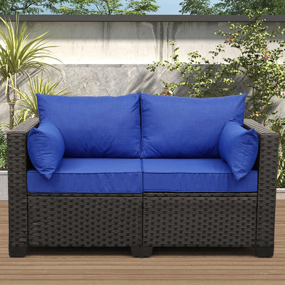 Rattaner Patio PE Wicker Sofa Outdoor Garden Love Seat Chair Couch Furniture Black Rattan with Blue Cushion