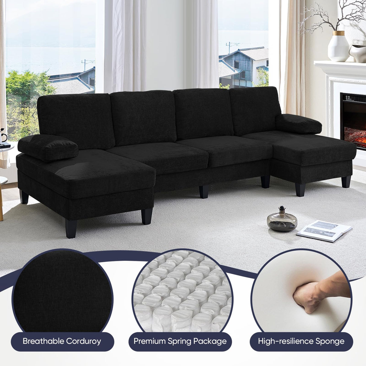 ijuicy 110" U Shaped Couch with Double Chaises, Sectional Couches for Living Room with Fixed Sleepable Armrests, 4 Seater Sectional Sofa, Living Room Furniture (Chenille, Black) ijuicy