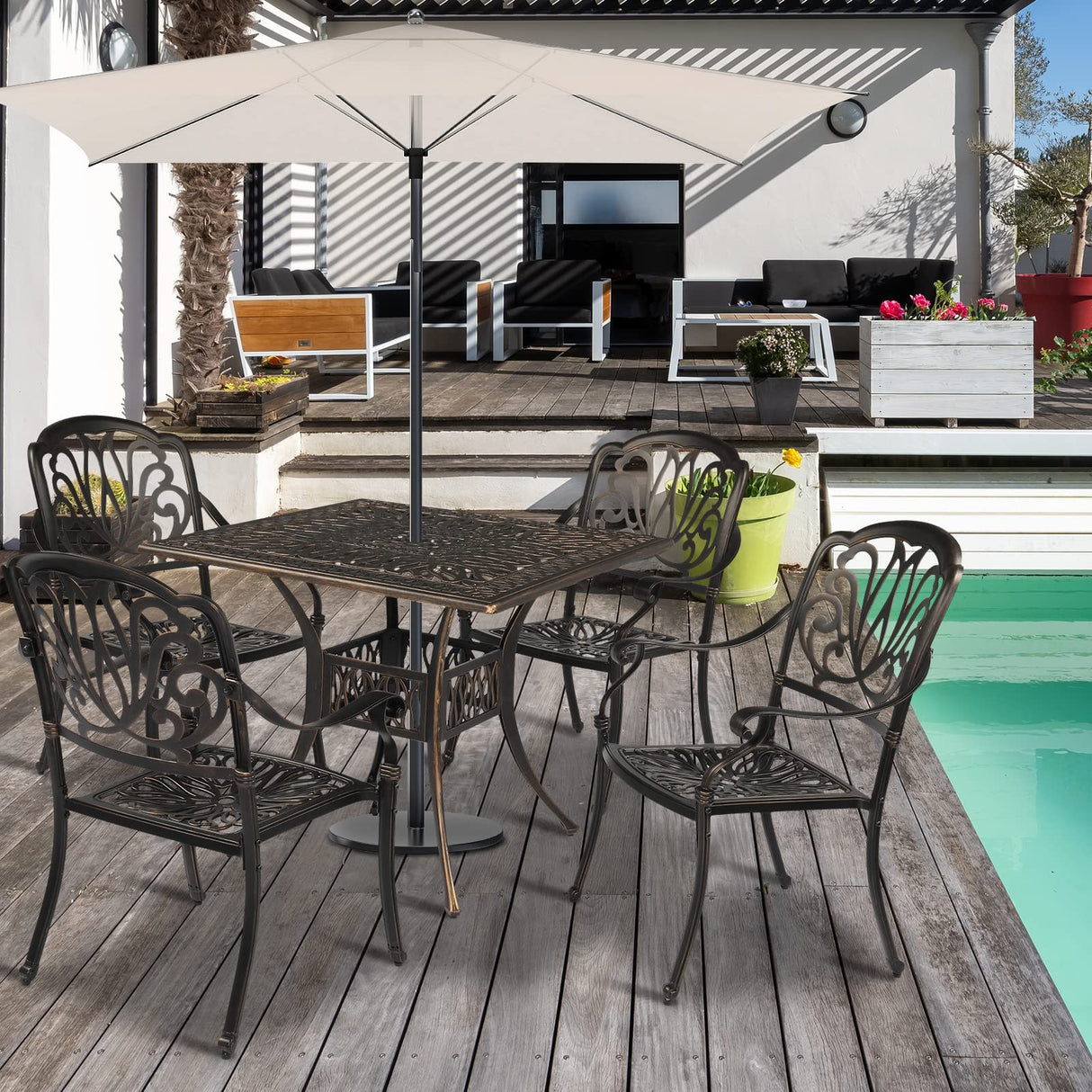 VINGLI 5 Pieces Outdoor Patio Dining Set, Cast Aluminium Patio Furniture Set with 4 Chairs and 1 Umbrella Table for Yard, Garden, Porch and Poolside, Bronze VINGLI