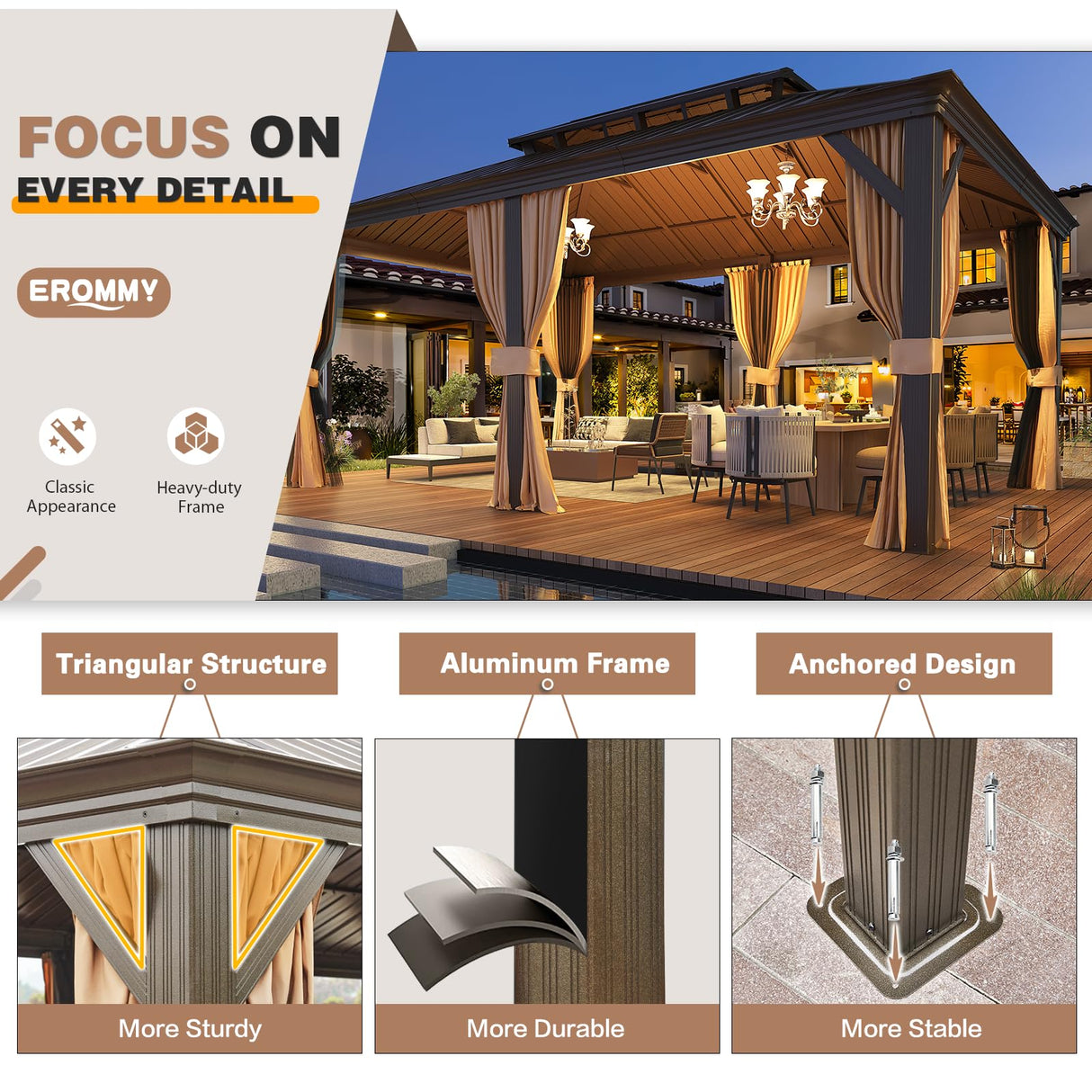 EROMMY 12'x18' Gazebo Double Hardtop Roof Galvanized Steel Canopy Outdoor Aluminum Frame Permanent Metal Pavilion with Netting and Curtains for Patio Backyard Deck and Lawns EROMMY