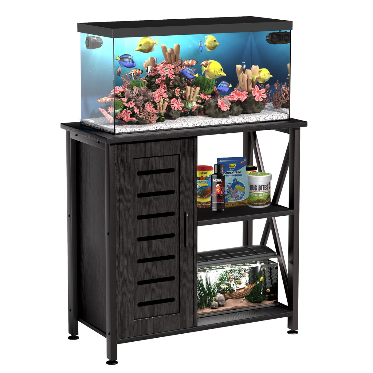 Herture 20-29 Gallon Fish Tank Stand, Aquarium Stand with Cabinet Accessories Storage, Heavy Duty Metal Frame, 31.49" L*15.74" W Tabletop, 330LBS Capacity, Black PG07YGB Herture