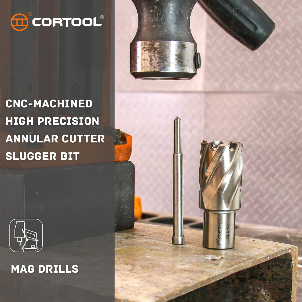 CORTOOL Annular Cutters 1/2 Cutting Diameter 3/4 Inch Weldon Shank Two-Flat, 1 Cutting Depth Inch HSS M2 Slugger Bits for Mag Drill Press with Pilot Pin Cortool
