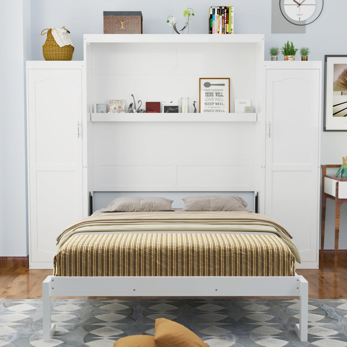 Ball & Cast Queen Size Murphy Bed with Two Wardrobe and Storage Shelf, Wall Bed Frame Folding into Cabinet Design,Multifunctional Foldable Platform Bed for Small Space,Bedroom,Guest Room, White Ball & Cast