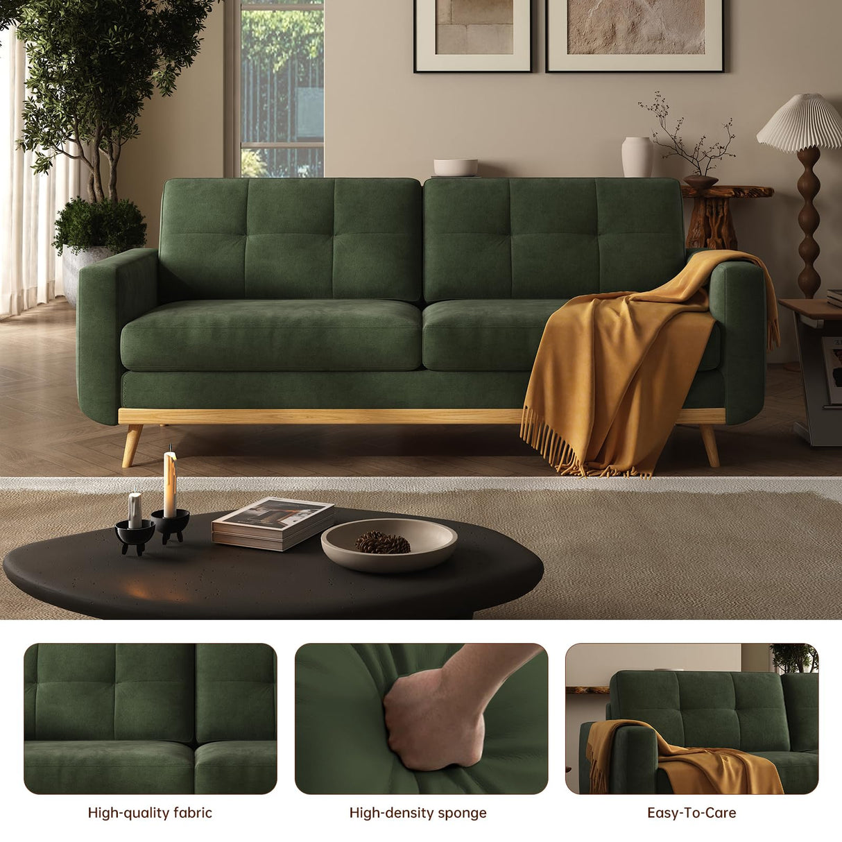 67.7” Loveseat Sofa, Mid Century Modern Decor Love Seat Couches for Living Room, Button Tufted Upholstered Small Couch for Bedroom, Solid and Easy to Install Love Seats Furniture (Green, 67.7inch) WoodArtSupply