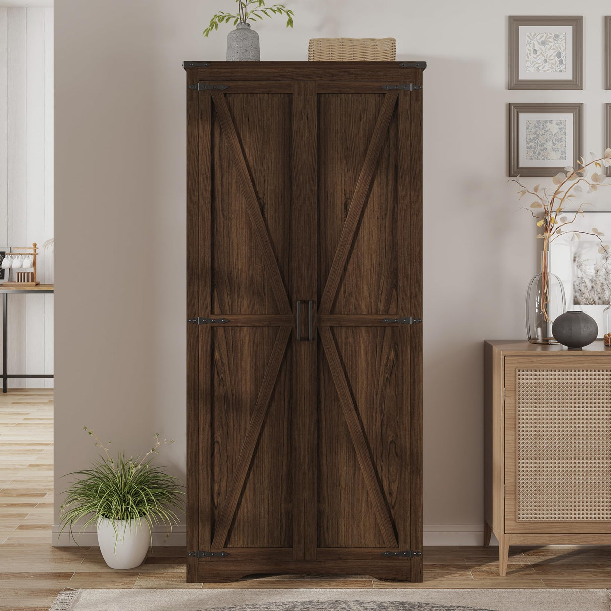 Befrases 72" H Farmhouse Storage Cabinet with Adjustable Shelves, Large Pantry Organize with 2 Barn Doors, Tall Freestanding Cabinet for Kitchen, Bathroom/Garage/Basement/Living/Utility Room, Brown Befrases