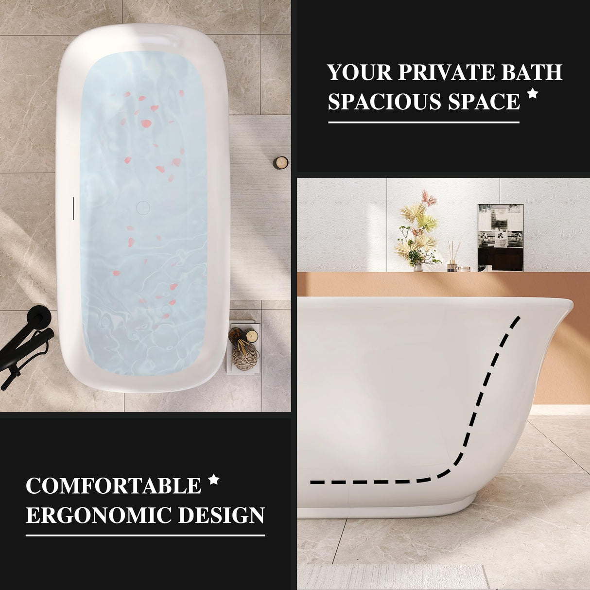 Adecab 59" Acrylic Freestanding Bathtub, Soaking Tub for Bathroom, Stand Alone Tub, cUPC Certified, Integrated Overflow and Drain, Gloss White ADECAB