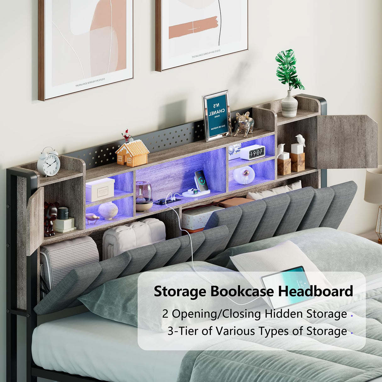 CSZZD King Size Upholstered Bed Frame with Storage Headboard, LED Lights, and Charging Station in Oak Gray CSZZD