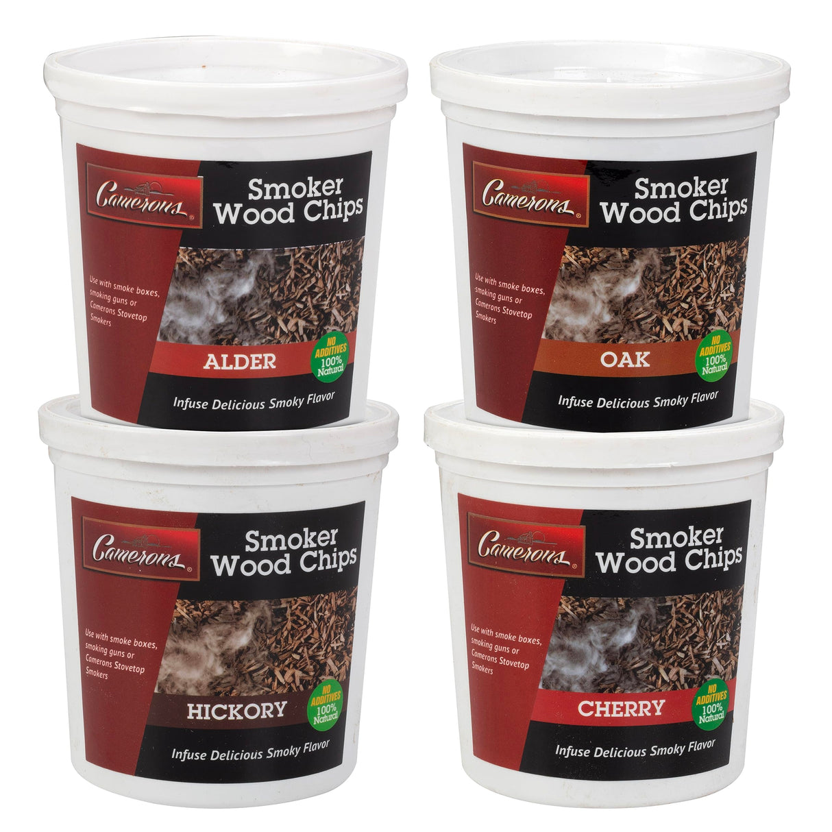 Camerons All Natural Extra Fine BBQ Wood Chips, 4 Pack - Alder, Cherry, Oak, Hickory (4 Pints, 0.473L ea) - Kiln Dried Sawdust Shavings for Smoking Guns, Smokers, Smoke Boxes - Barbecue Grilling Gift Camerons