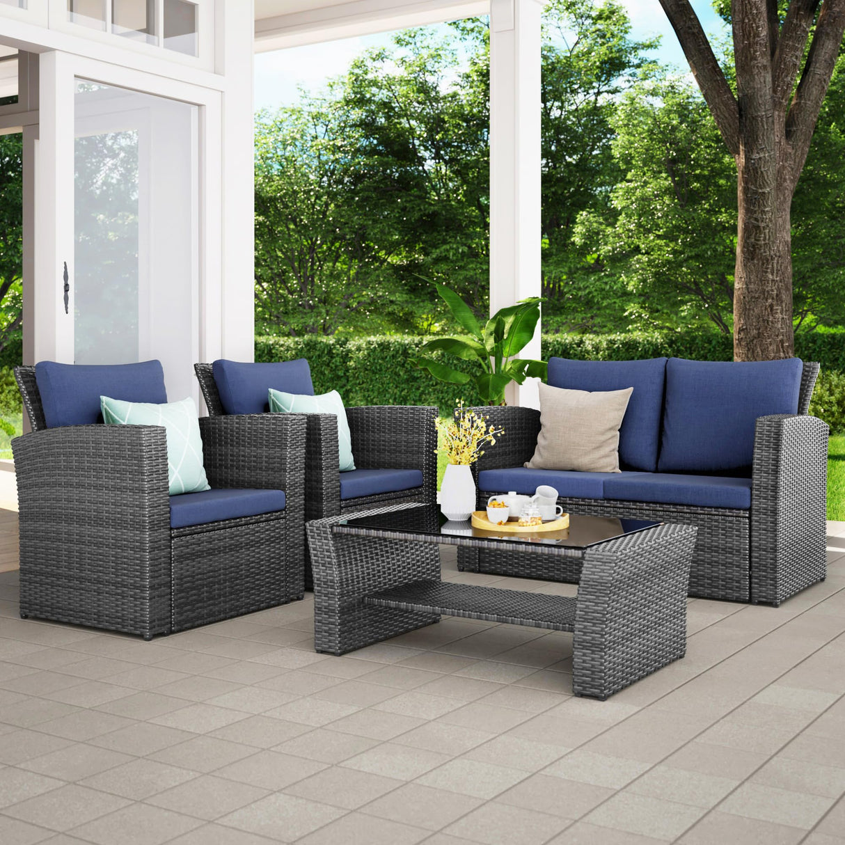 Wisteria Lane 4 Piece Outdoor Patio Furniture Sets, Wicker Conversation Set for Porch Deck, Grey Rattan Sofa Chair with Cushion (Blue Wisteria Lane