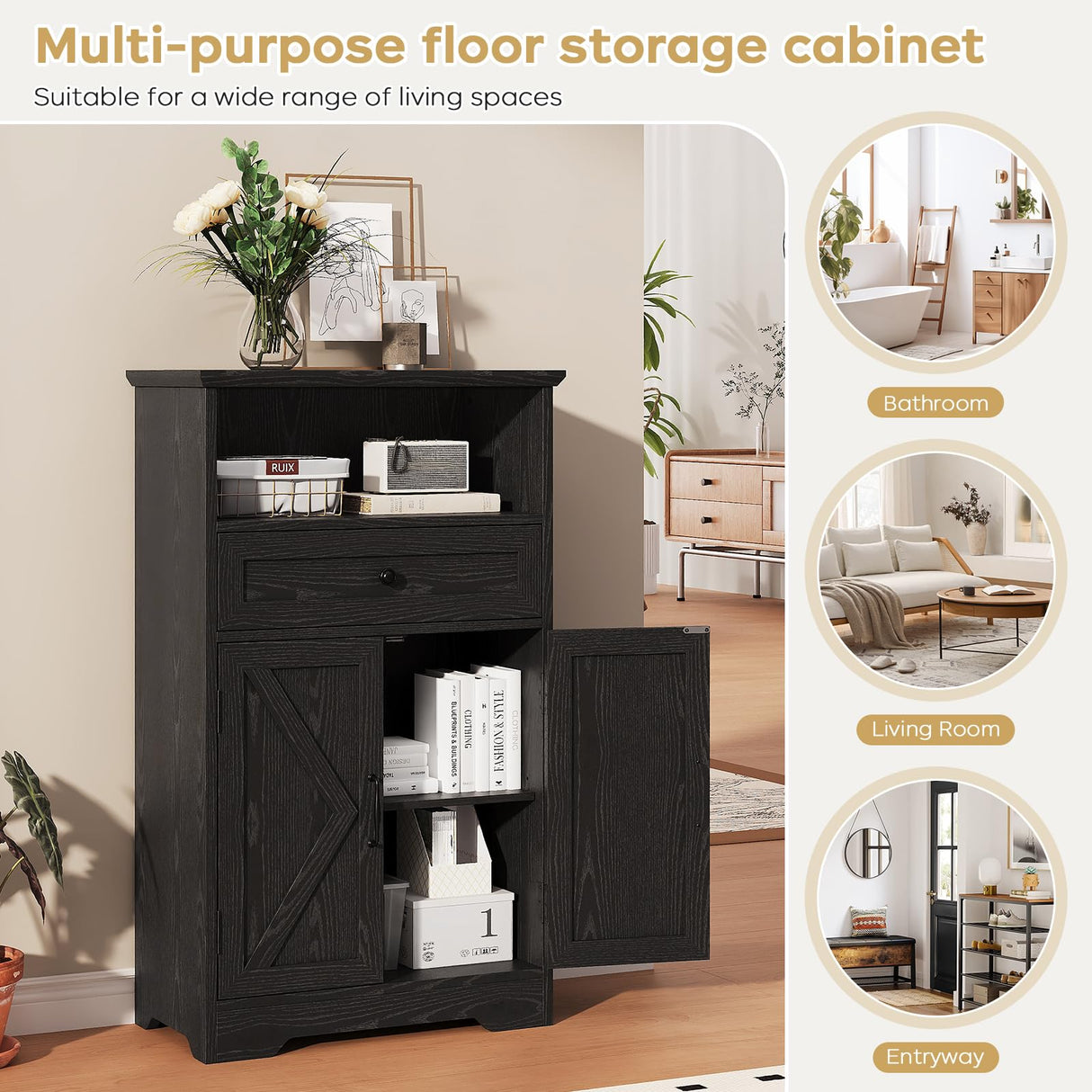 Viroformo Floor Cabinet, Farmhouse Storage Cabinet with Barn Doors and Drawer, 11.81" D x 23.62" W x 39.37" H Black Freestanding Adjustable Shelf Organizer for Bathroom, Kitchen, Living Room Viroformo