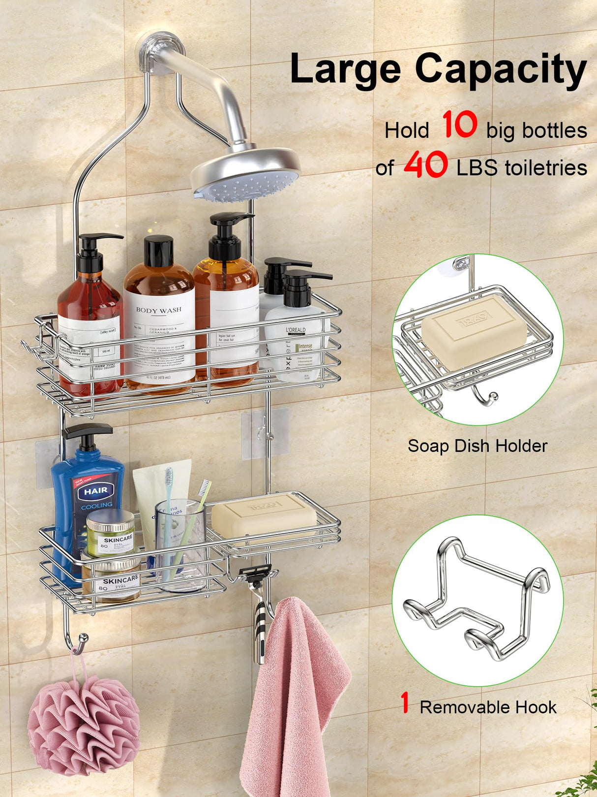 SMARTAKE Hanging Shower Head Caddy, Rustproof Bathroom Shower Shelf Organizer, SUS201 Stainless Steel Over The Storage Rack, for Toilet, Bathroom, Silver SMARTAKE