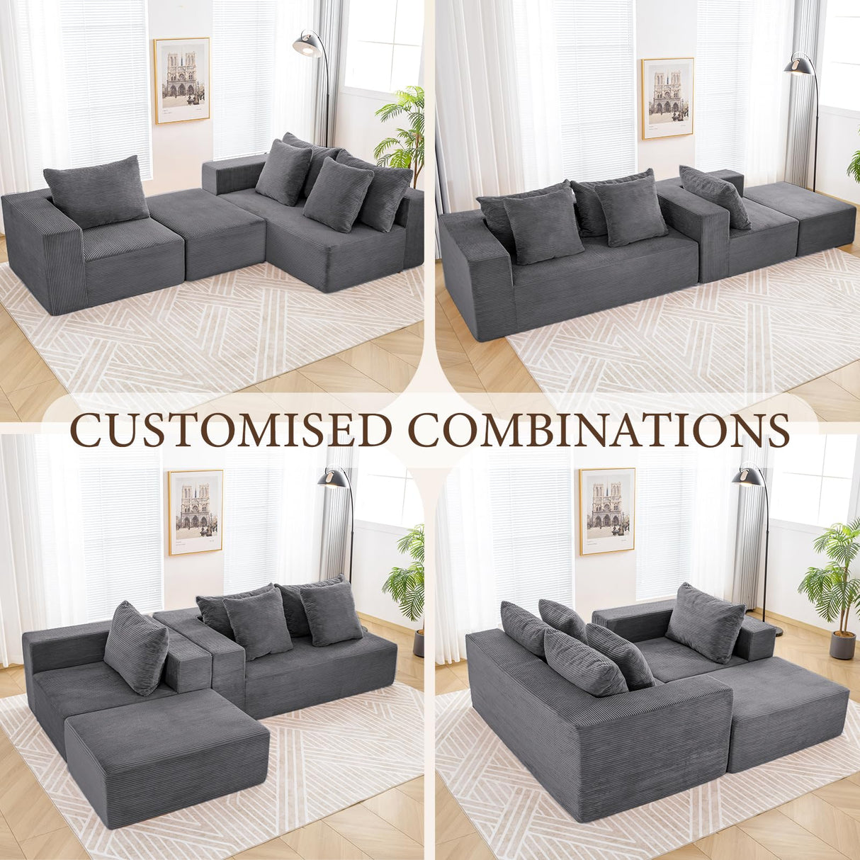 INGEROOM 108" Cloud Sectional Couch with L-Shape Chaise, Modular Sofa Memory Foam, Boneless Sofa with Movable Ottoman, Upholstered Couches for Living Room Bedroom, No Assembly Required, Dark Gray INGEROOM