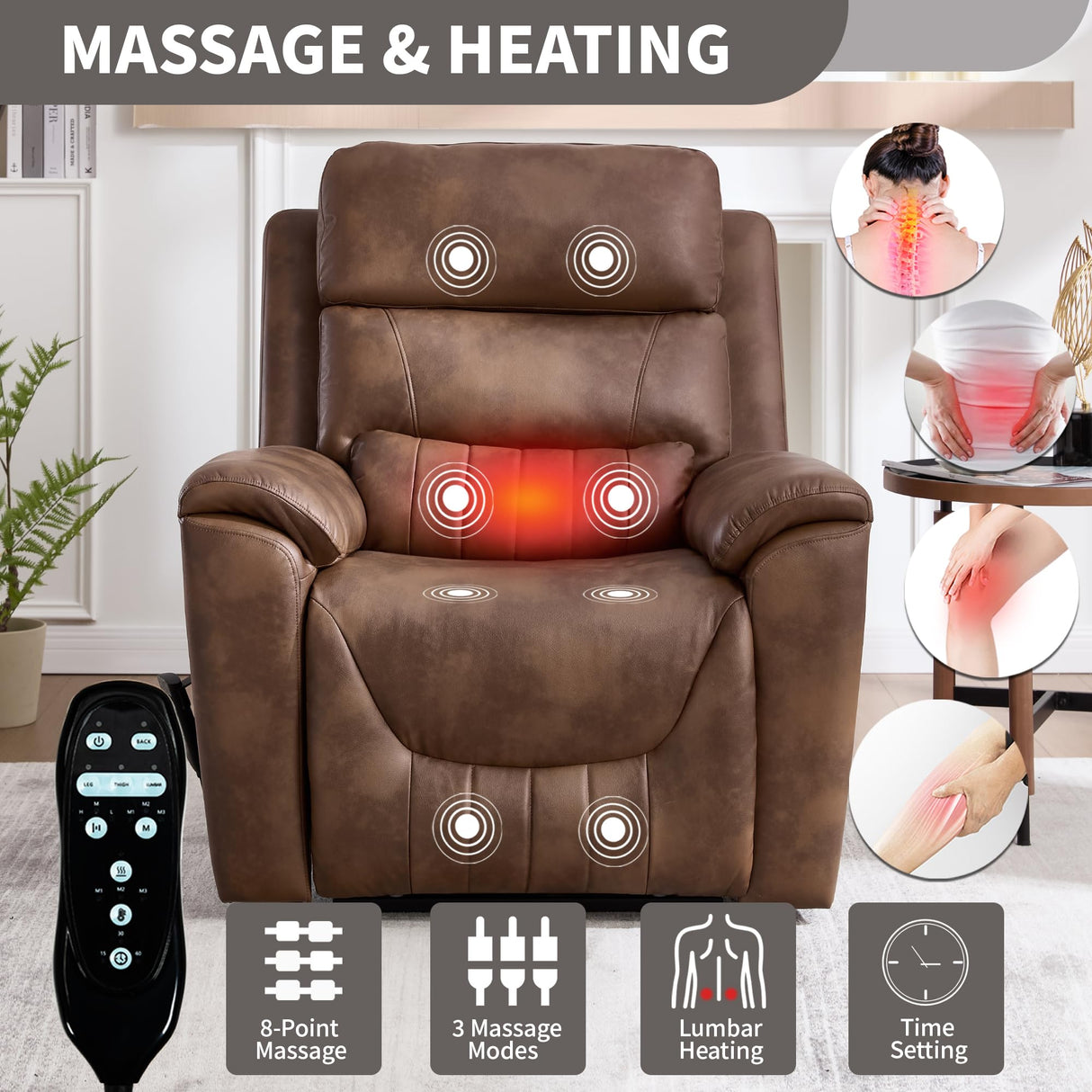 Power Lift Recliner Chair for Elderly People, Dual Motor Lay Flat Recliner with Vibration Massage and Heat, Heavy Duty Motion Mechanism Standing Assistance Reclining Chair, Faux Leather Brown Luxlen