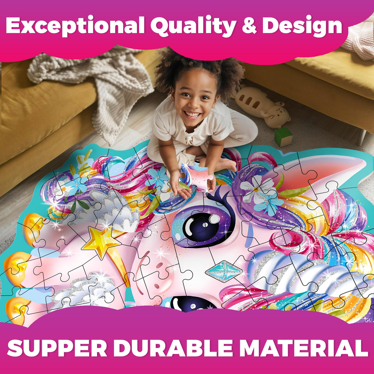 QUOKKA Glitter Floor Puzzles for Kids Ages 3-5 - 2x3 FT 48 Pcs Puzzles for Toddlers 2-4 - Shaped Large Giant Educational Toddler Puzzles Ages 24+ Months - Unicorn Toy Activity Game for Boys and Girls QUOKKA