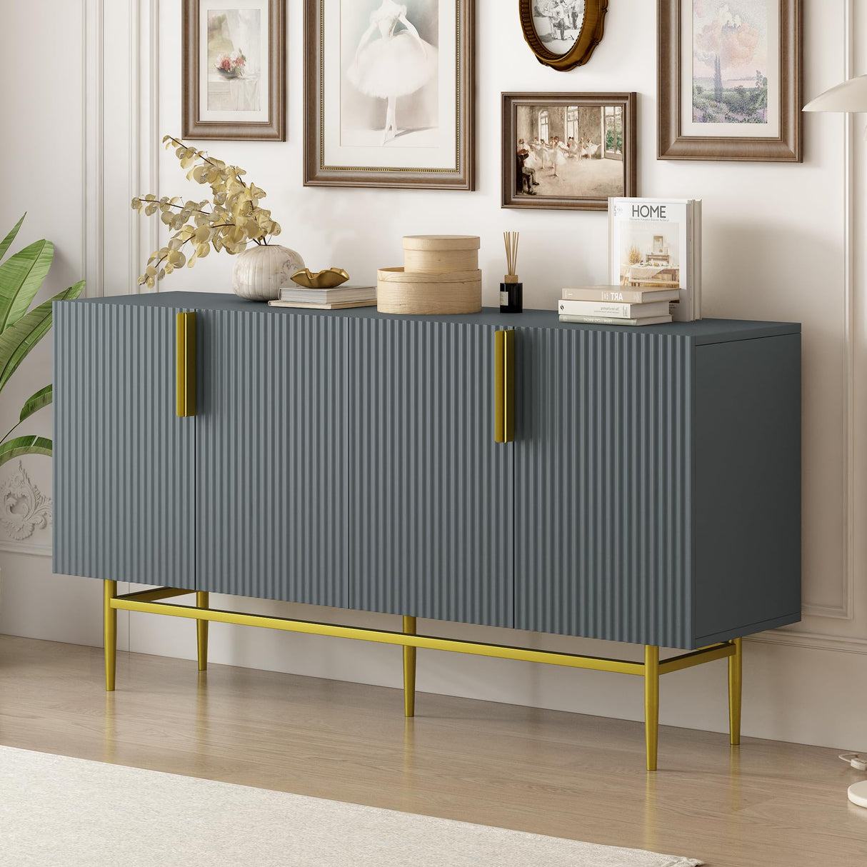 NicBex Modern Elegant Sideboard Cabinet,Large Buffet Storage Cabinet with Gold Metal Handle,4-Door Sideboard Buffet Cabinet for Living Room,Bedroom and Hallway,Gray NicBex