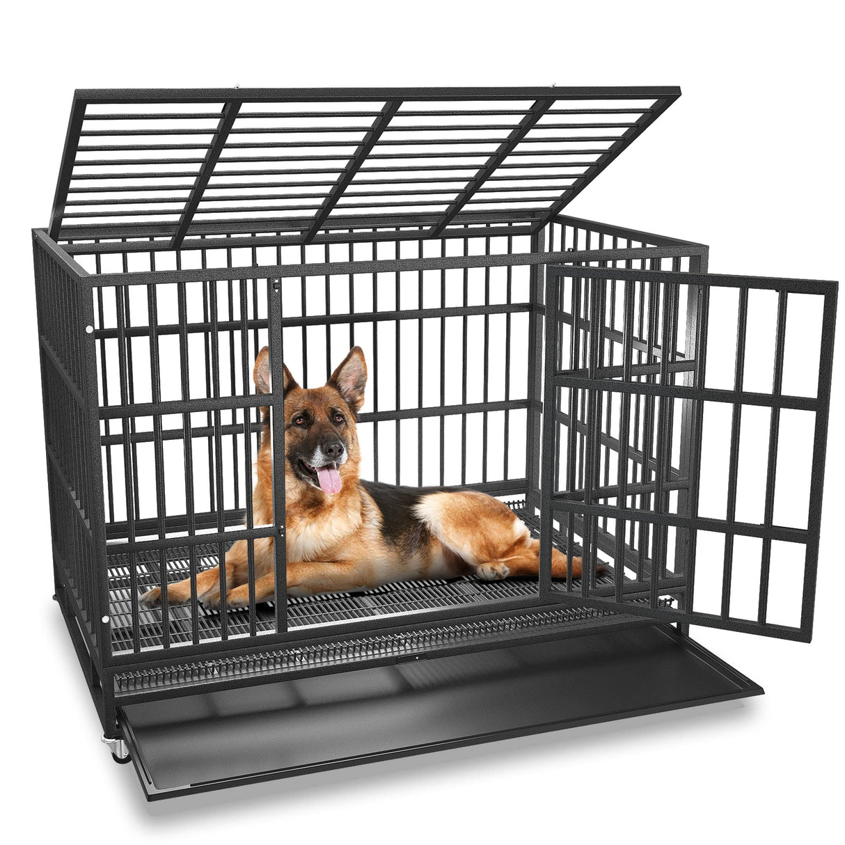 BOLDBONE 54/48/42/38 inch Heavy Duty Indestructible and Escape-Proof Dog Crate Cage Kennel for Large Dogs, High Anxiety Dog Crate with Removable Crate Trays, Wheels and Double Door, Extra Large XL XXL BOLDBONE